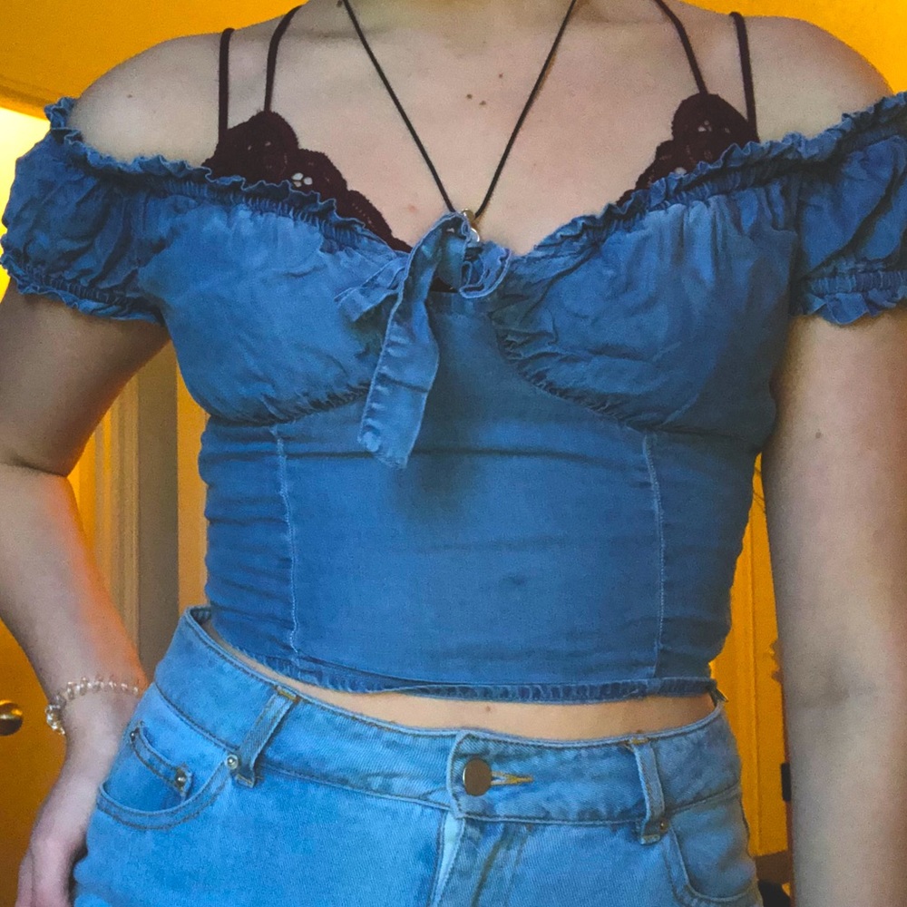 jean blue tie crop top side zip up